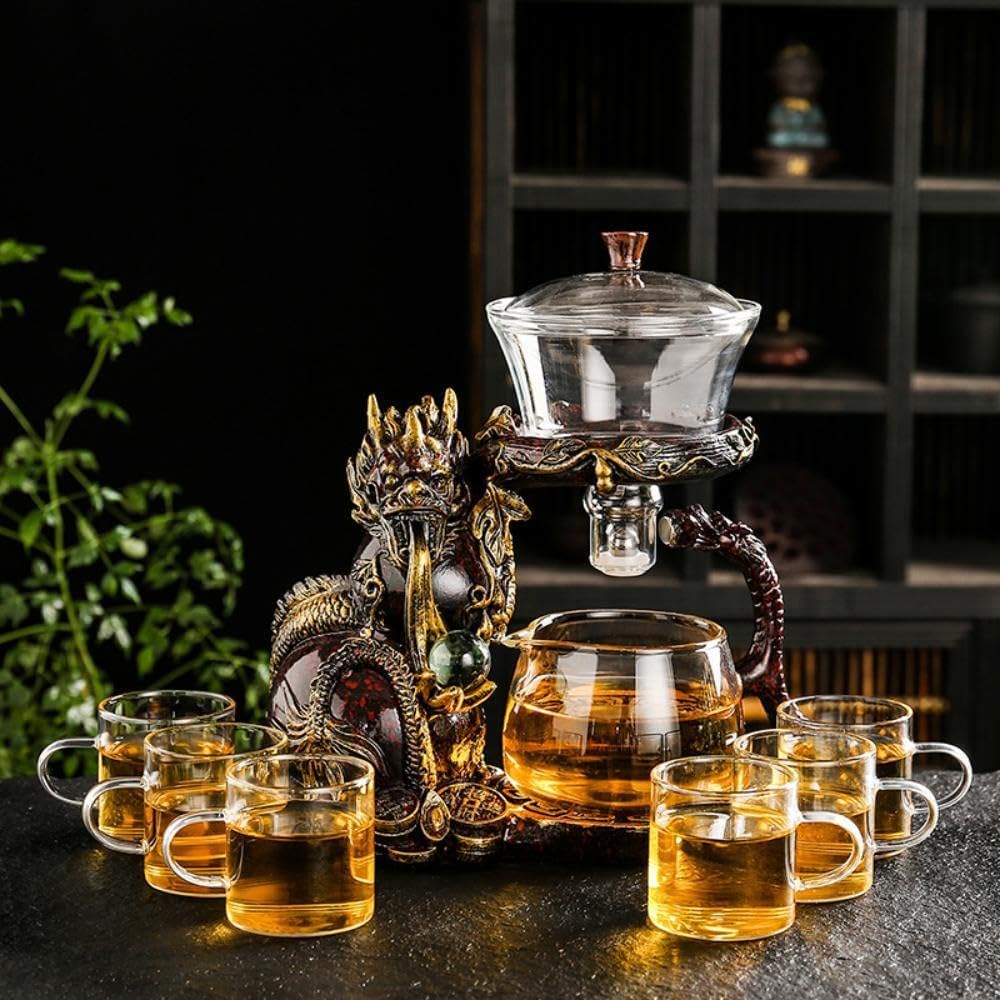 Glass Teapot Set with Infuser Semi Automatic Dragon Tea Set (Blue golden teapot)