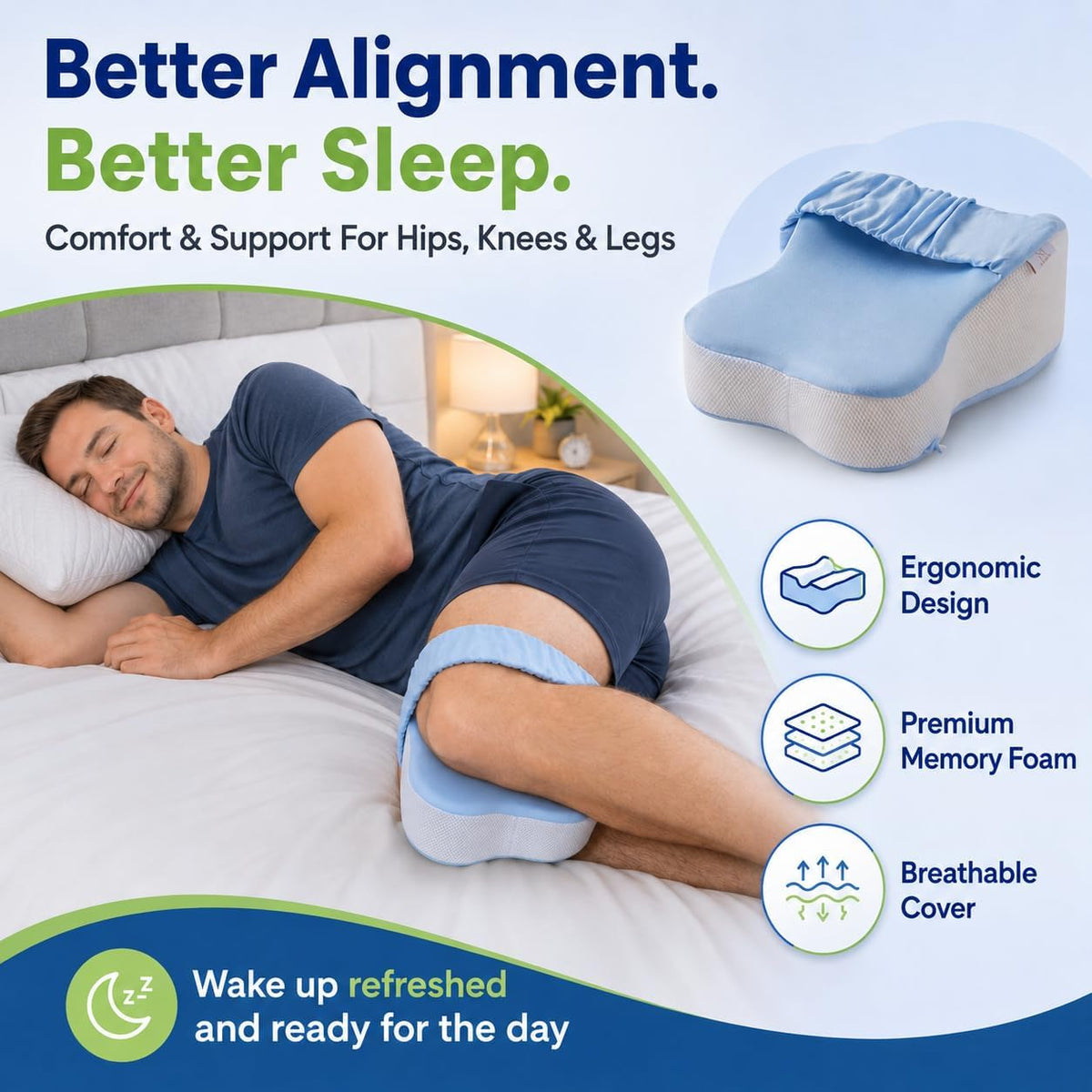 Premium Knee Pillow for Side Sleepers Hip Pain Relief Leg Pillow for Side Sleeping Adjustable Strap Sciatica Back Support Spine Alignment