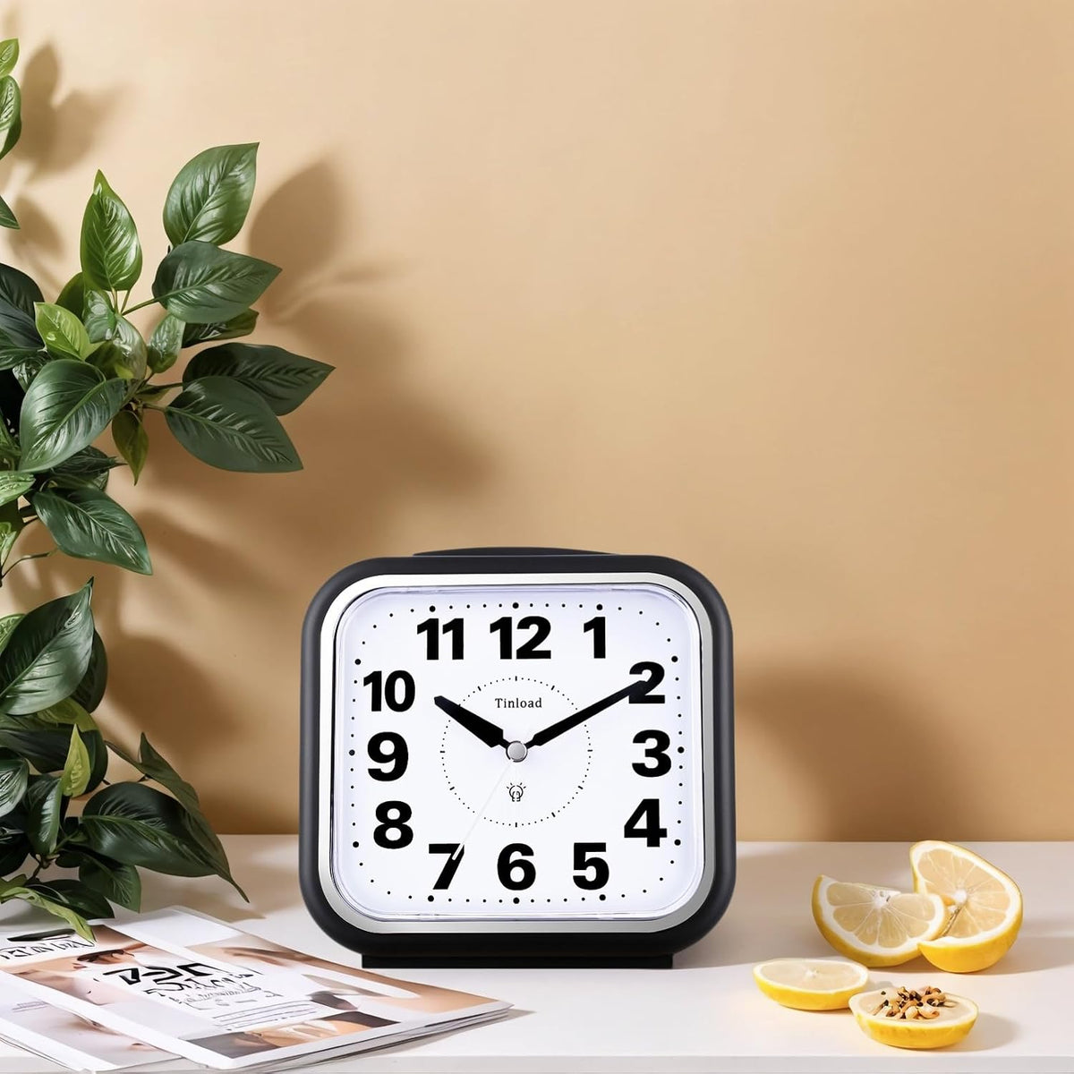 Tinload 5.5" Large No Ticking Analog Alarm Clock,Silent Readable for Seniors,Easy to Set,Gradual Rise Alarm,Big Numbers,Gentle Wake,Snooze, Lighted on Demand,Battery Operated,Black