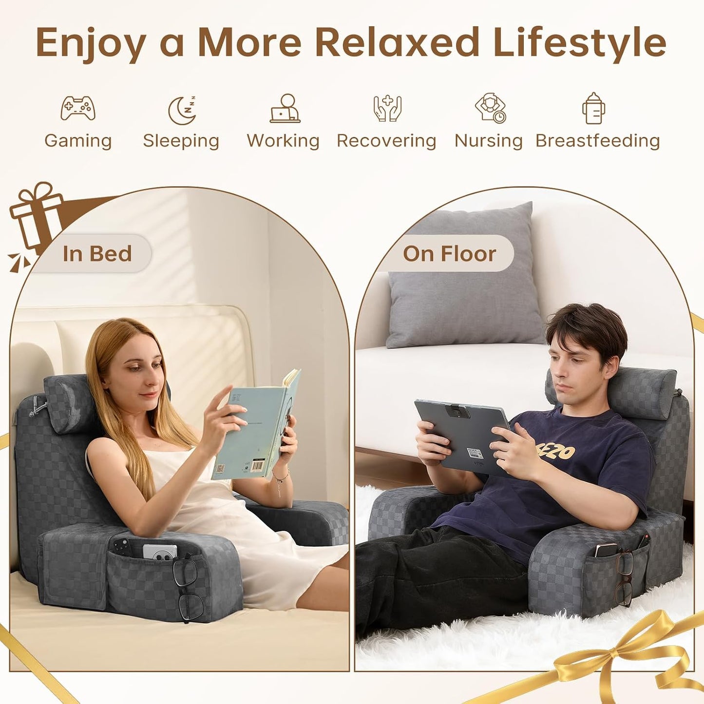 Vekkia 19'' Reading Pillow for Adults with XL Side Pockets, Adjustable Arms | 45° Back Support Chair for Sitting in Bed, Washable Cover, Perfect for Gaming, Watching TV, Relaxing, or Recovery, Gift Idea