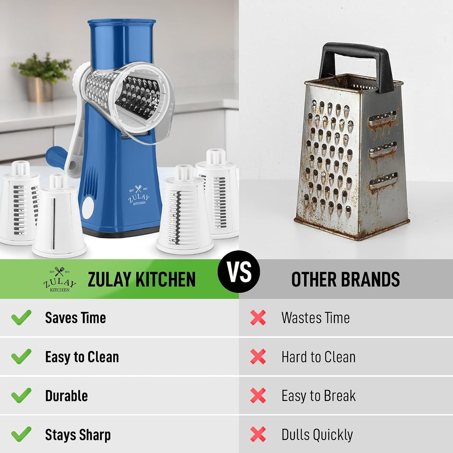 Zulay Kitchen Rotary Cheese Grater 5 Blade Cheese Shredder - Manual Hand Crank Cheese Grater With Reinforced Suction & 5 Interchangeable Drums - Easy to Use, Vegetable Chopper Round Mandoline Slicer - Colors A