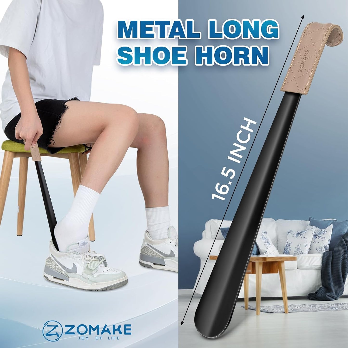 ZOMAKE Shoe Horn Long Handle for Seniors Men Women,Metal Long Shoehorn for Boots,16.5" Shoe Spoon Helper(Brown Handle) | 1Pack Stainless Steel Boot Horn Shoe Spoon Helper, Smooth Edges, Comfort Grip, No Bending Over, Shoe Protection(Brown Handle)