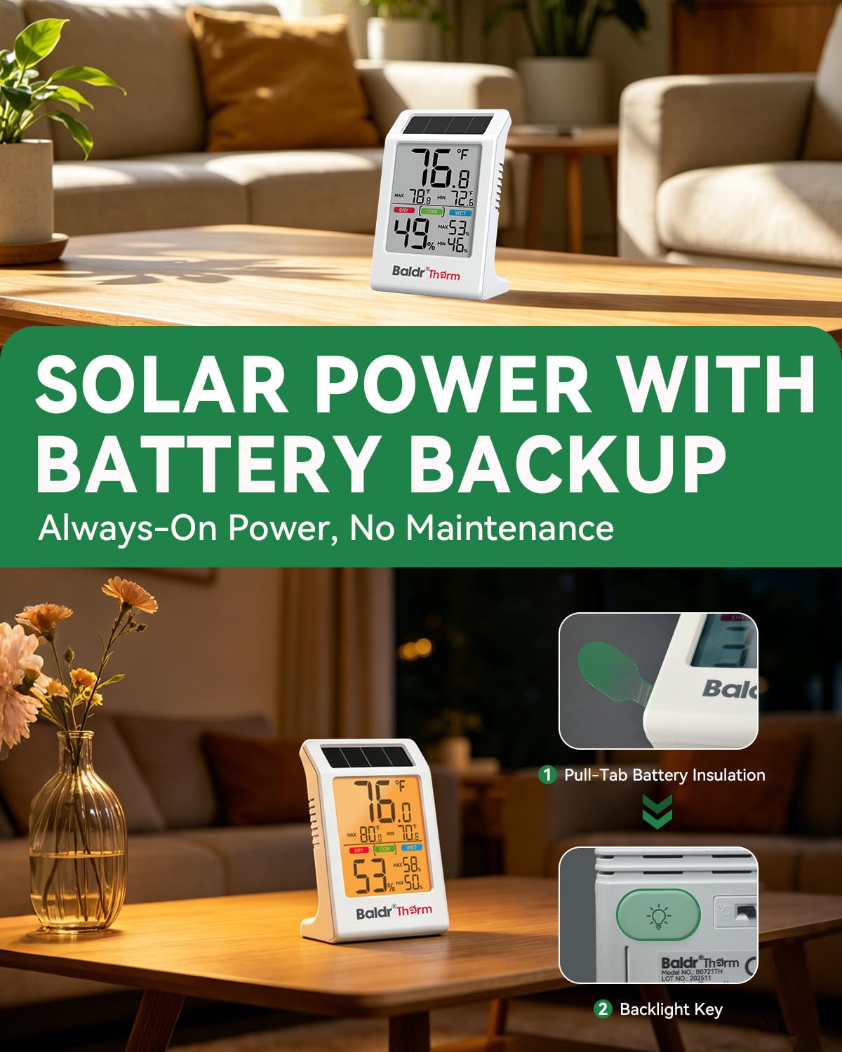 BALDR Solar Indoor Thermometer Humidity Meter No More Battery Changes | 2 Packs Temperature and Humidity Monitor with Backlight & Max Min Records Digital Hygrometer for Room House Home Greenhouse