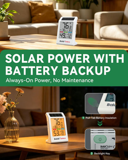 BALDR Solar Indoor Thermometer Humidity Meter No More Battery Changes | 2 Packs Temperature and Humidity Monitor with Backlight & Max Min Records Digital Hygrometer for Room House Home Greenhouse