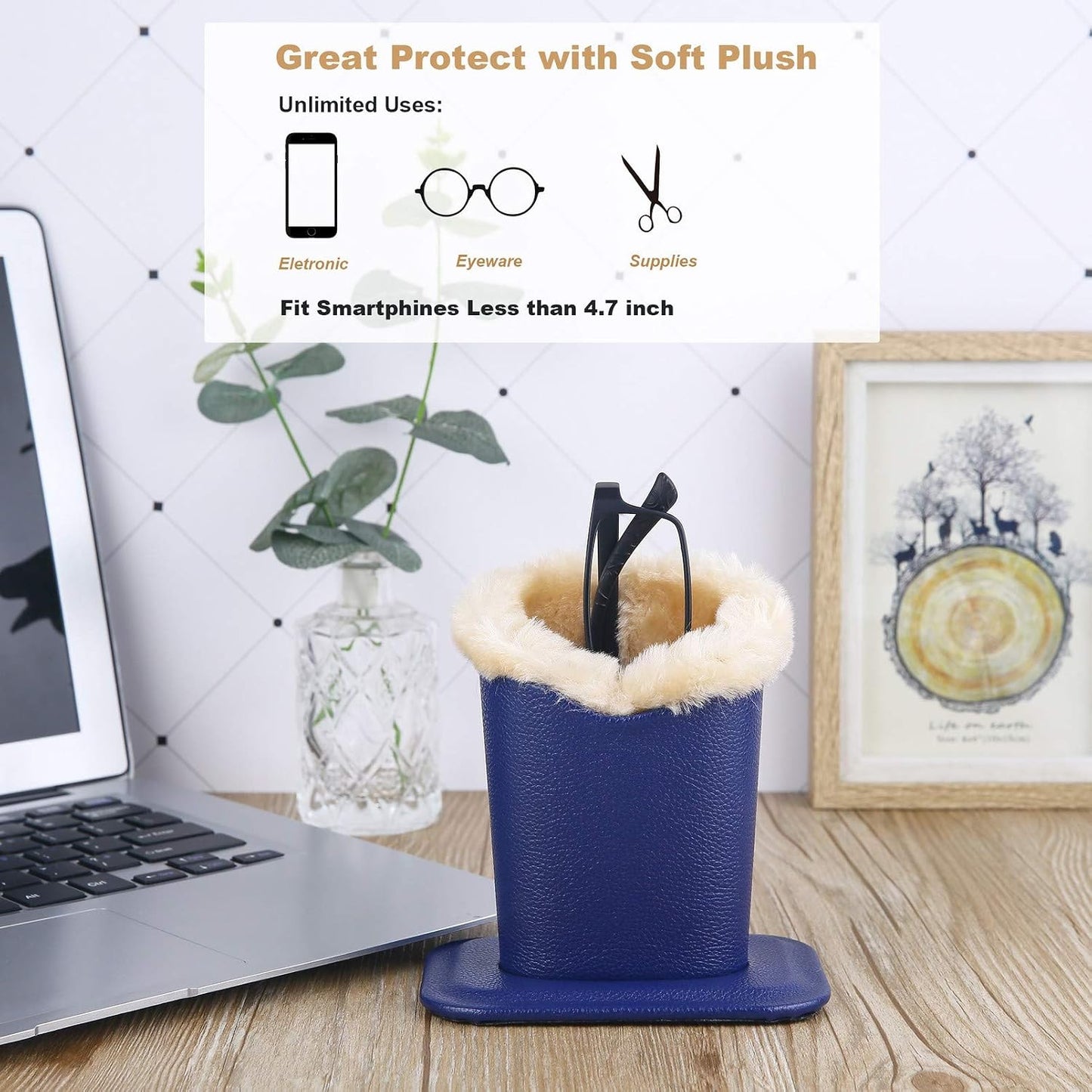 Siveit Plush Lined Eyeglass Holder, PU Leather Eyeglass Case, Anti-Scratch Glasses Storage Organizer for Desk Office Nightstand,2 Packs (Black, Navy)