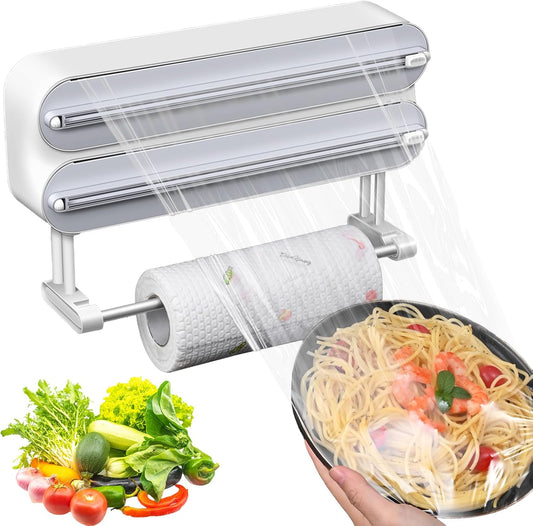 Magnetic Plastic Wrap Dispenser with Cutter,3 in 1 Aluminum Foil wrap Organizer,Upgrade Practical Refillable Cling Wrap Film Cutter，Wall Mount Kitchen Wrap Dispenser - Fits 12" Roll, White