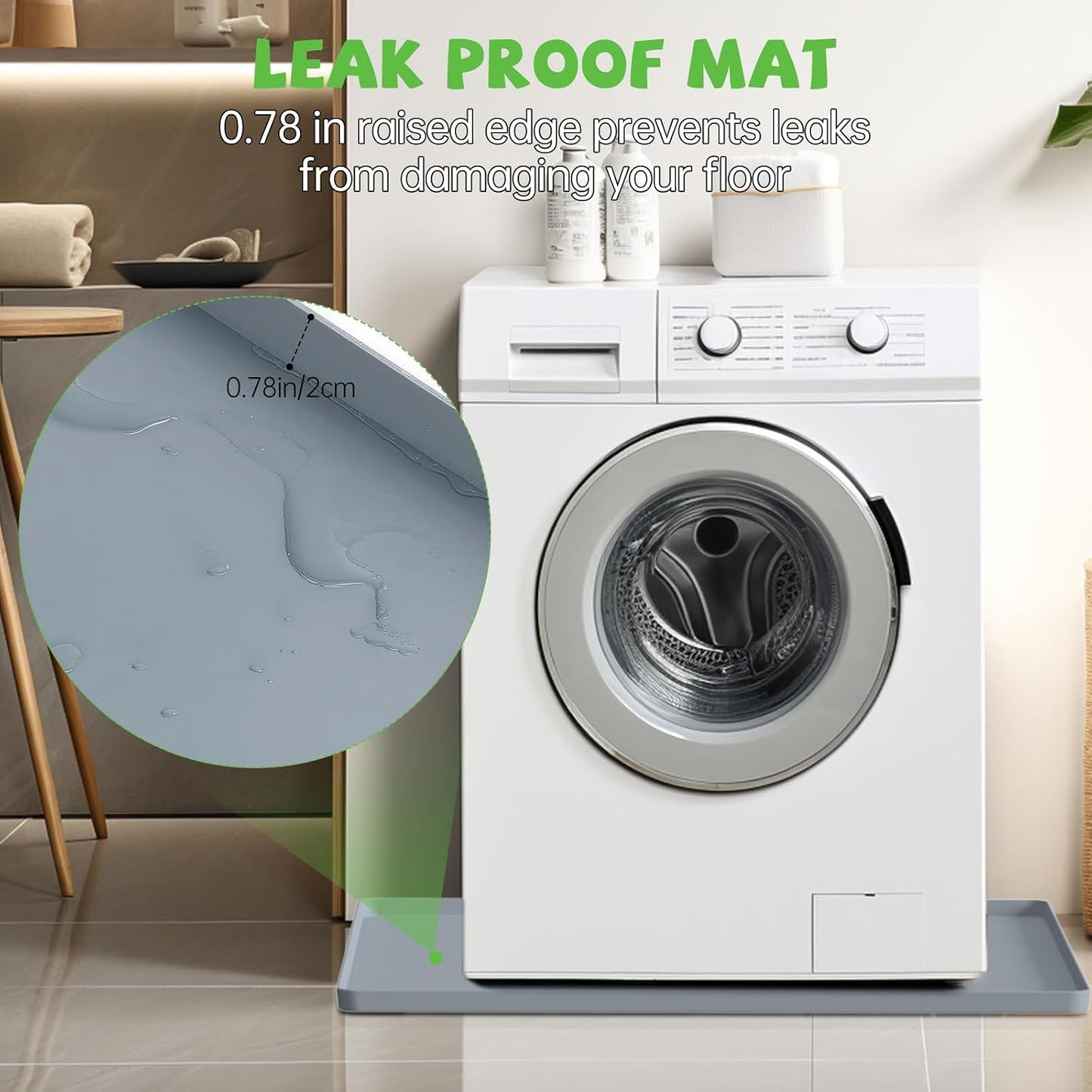 Washing Machine Drain Pan, 27x27 Inch Silicone Mat with Raised Edge | Waterproof Leak Protector Tray for Under Washer and Dryer, Anti-Slip and Foldable Laundry Room Mat