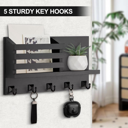 Key Holder Wall Mount, Mail Organizer for Wall with 5 Square Key Hooks | Key Holder for Wall, Key Holder with Shelf Farmhouse Home Decor for Home Entryway
