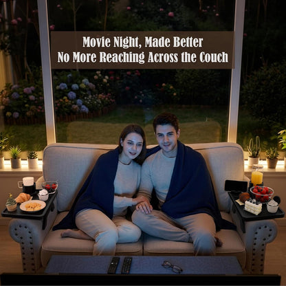 Nnewvante Couch Cup Holder Tray, 3 in 1 Large 15.36"x9.85" Acacia Wood Sofa Arm Clip on Tray Table with 360°Rotated Phone Holder on Armrest