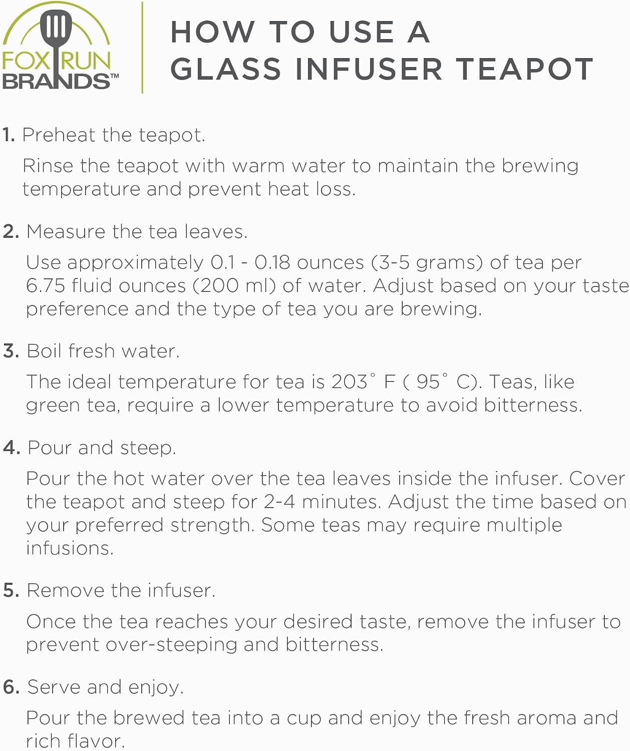 Fox Run Glass Teapot and Infuser, 4 Cup Tea Pot with Smooth Pouring Spout | Easily Brew, Steep & Pour Loose Leaf Tea | 27 Oz Glass Tea Pot With Stainless Steel Infuser Insert | Clear Teapot With Spout