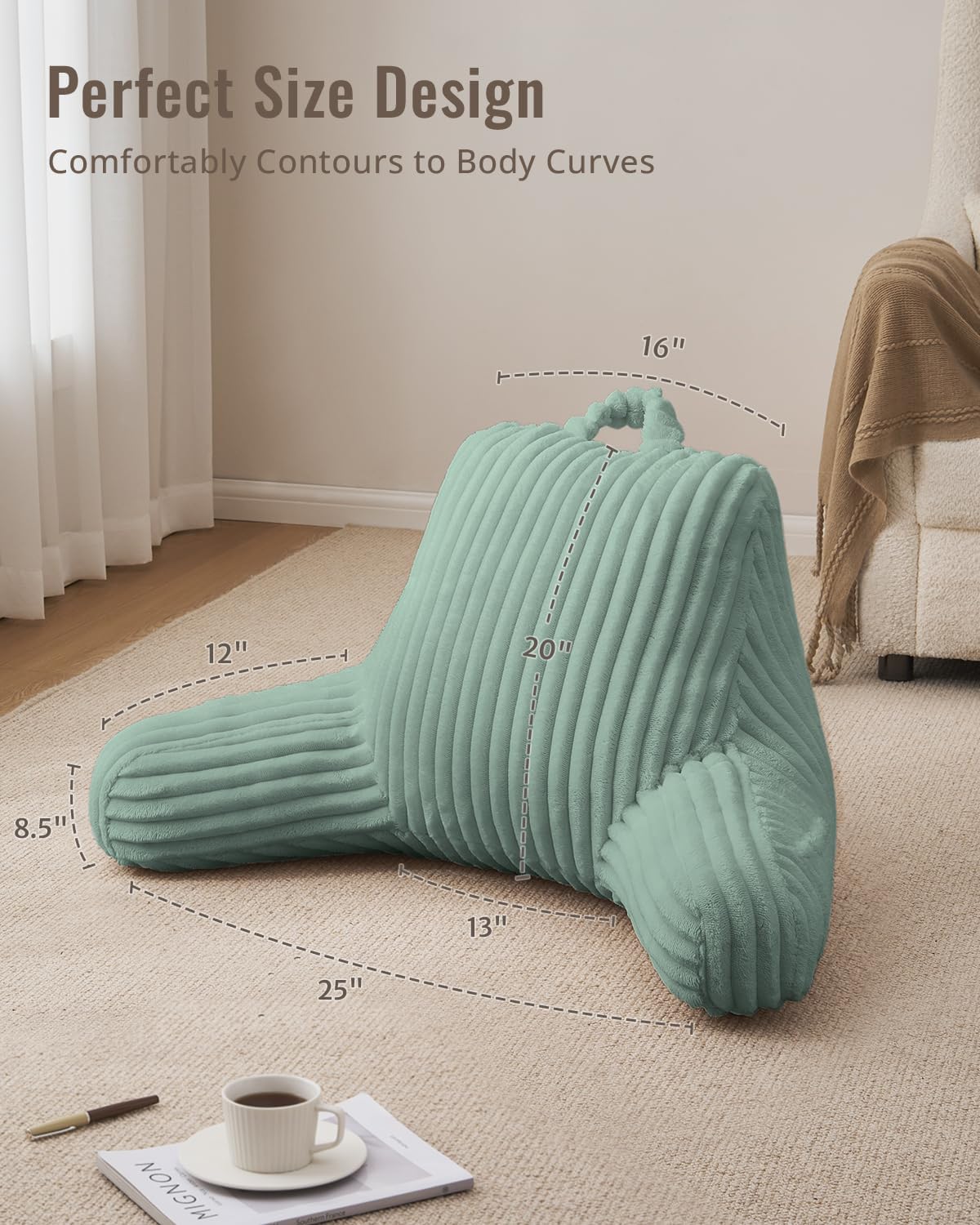 Blissful Diary Reading Pillow, Backrest Pillow with Shredded Memory Foam for Adult & Children, Designed for Bed and Couch Sitting Up, Includes Arms, Pockets and Washable Cover, Off White