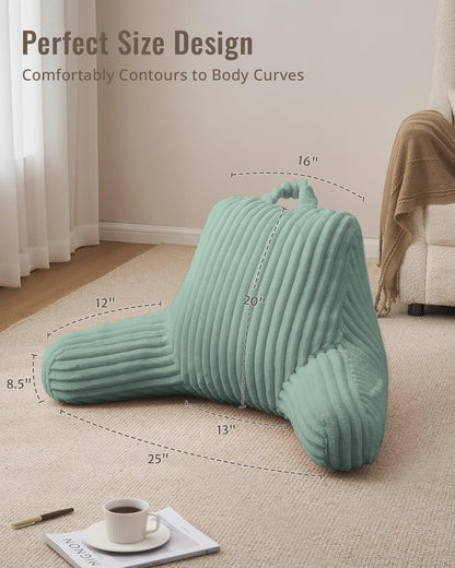 Blissful Diary Reading Pillow, Backrest Pillow with Shredded Memory Foam for Adult & Children, Designed for Bed and Couch Sitting Up, Includes Arms, Pockets and Washable Cover, Off White