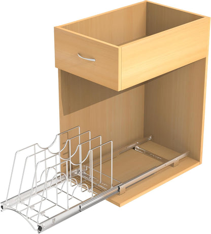 Pull Out Cookie Sheet Organizer, 10" W x 22" D x 11" H, Chrome | For Cabinet, Pan and Pot, Cutting Board, Bakeware, Tray Organizer Rack, Sliding Rack- Heavy Duty, Adjustable Divider Width
