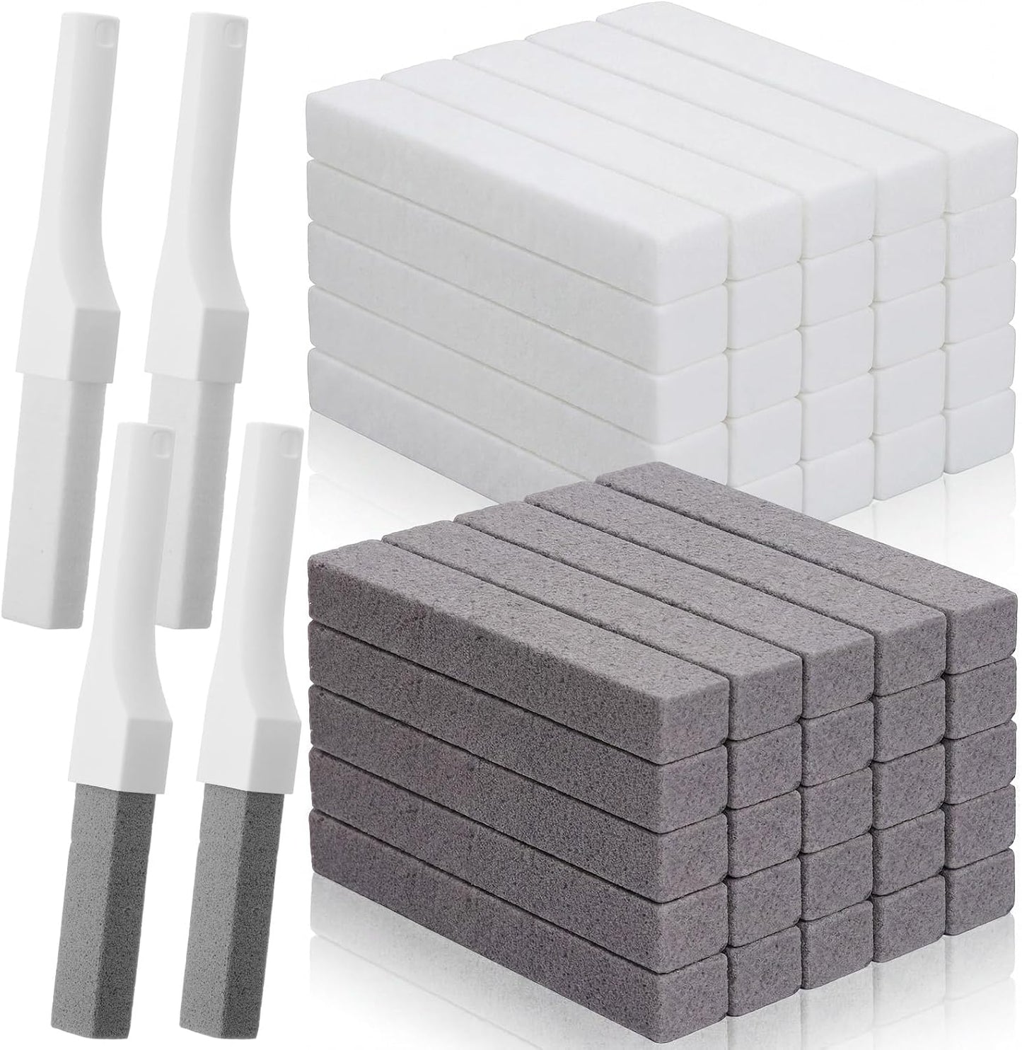50 Pack Toilet Cleaning Pumice Stones for Toilet with 5 Universal Handles | Grey White Bowl Ring Remover, for Hard Water Stains and Calcium Buildup, Universal Handles on Bathtubs, Sinks, Pools, Grills