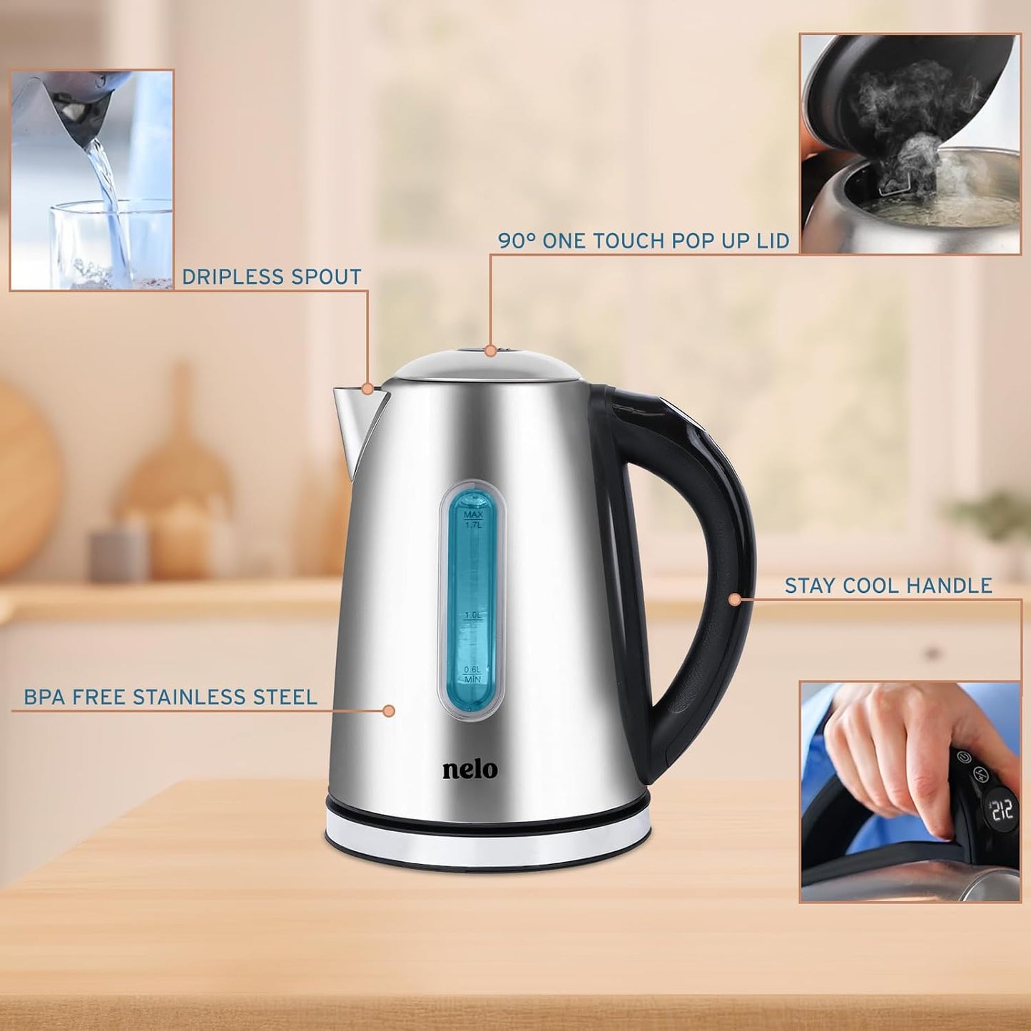 NELO Electric Kettle with 7 Temperature Control Presets, Digital Temperature Display, Multi-Colored LED Indicator Lights, Stainless Steel Tea Kettle & Hot Water Boiler, 360° Base, BPA-Free, 1.7 Liters