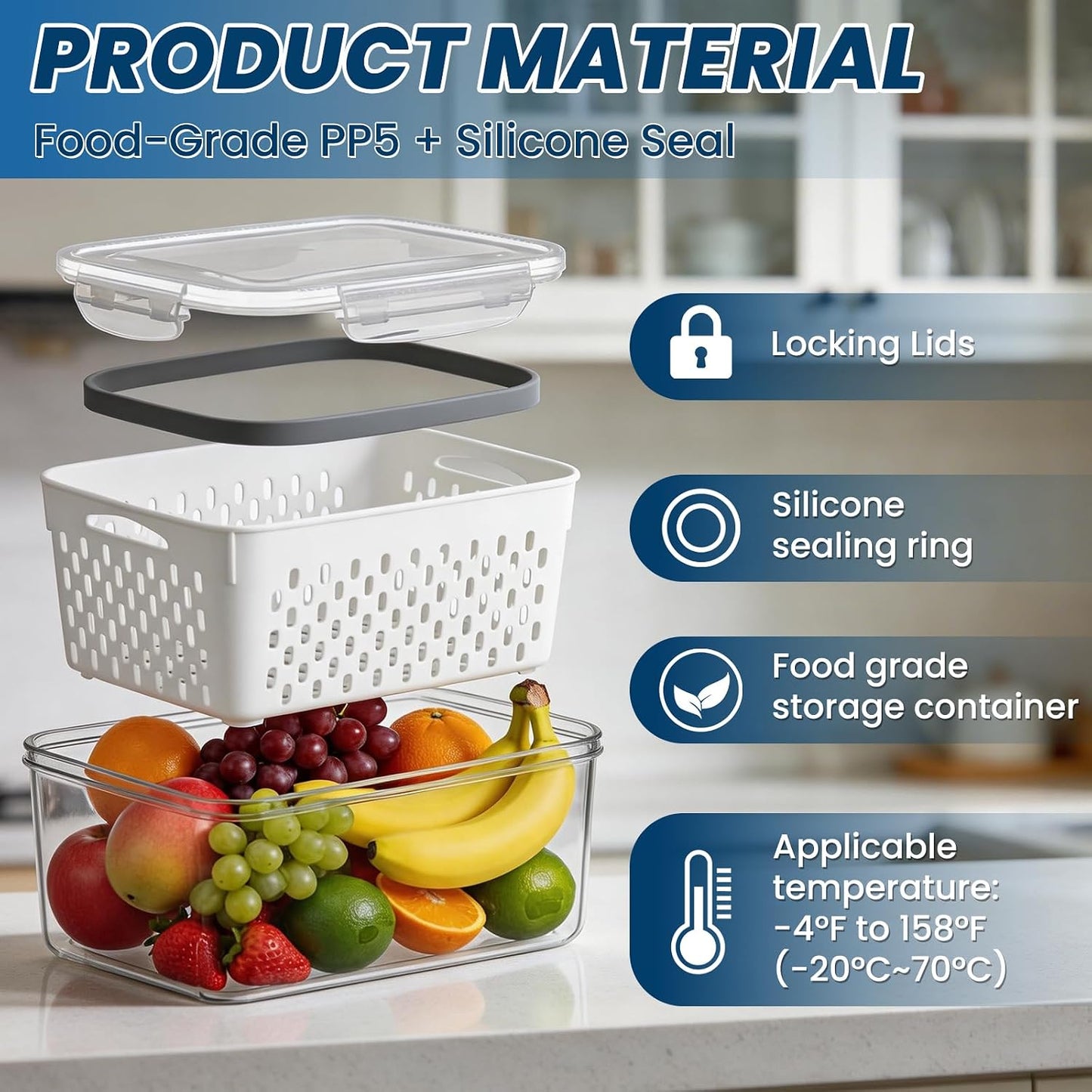 3 Pack Fruit Storage Containers for Fridge with Lids Organizers Basket Refrigerator Colander Kitchen Strainers and Colanders Vegetable Produce Food Glass Washer Airtight Lettuce Keeper Salad