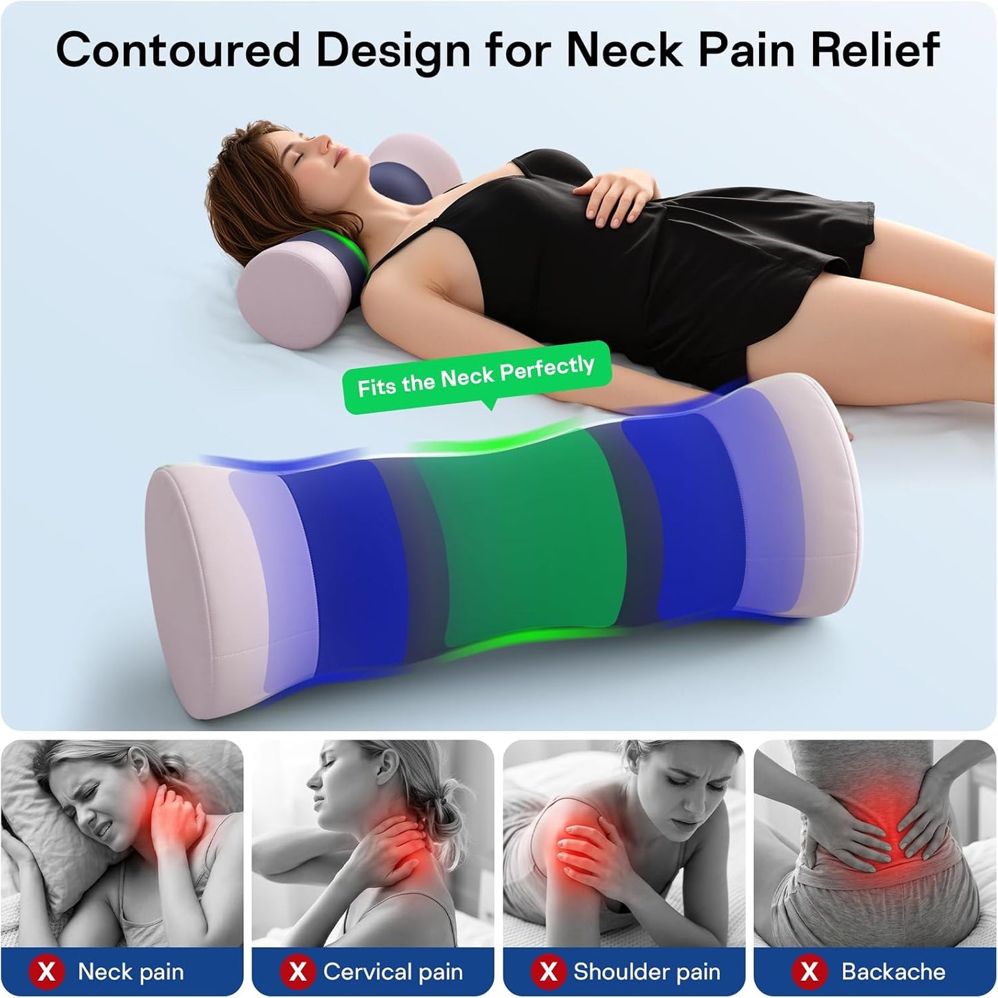 Neck Roll Pillow - Cooling Cover Round Neck Pillow for Sleeping - Memory Foam Cervical Support Pillow - Ergonomic Cylinder Pillows for Neck, Leg, Back, Yoga, Relaxing (Blue Grey)