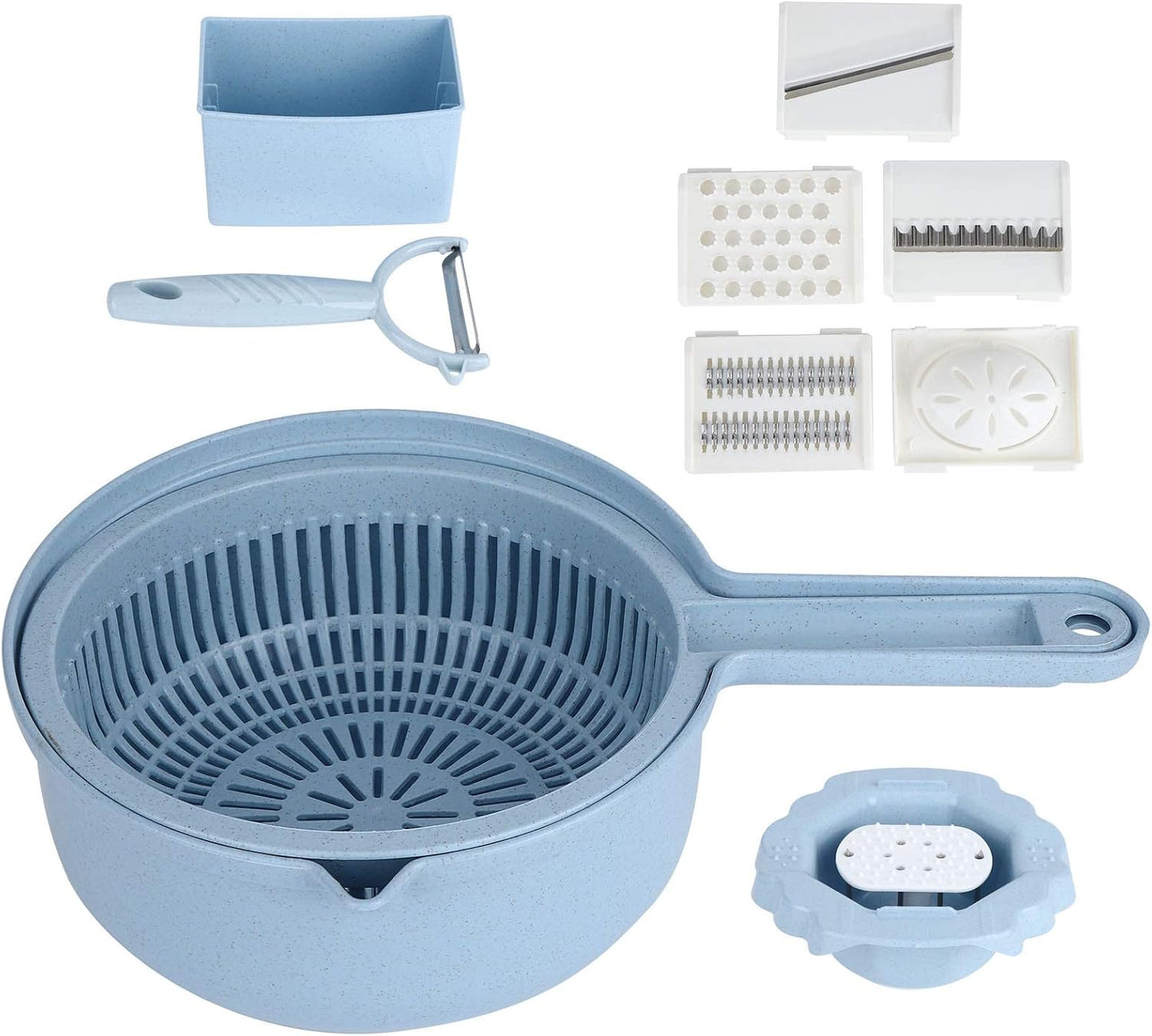 Food Shredder, Manual Vegetable Cutter Potato Grater Food Chopper with 4 Interchangeable Blades Storage Container Finger Guard Wheat Straw PP Kitchen Accessory for Home Meal Prep