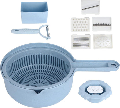 Food Shredder, Manual Vegetable Cutter Potato Grater Food Chopper with 4 Interchangeable Blades Storage Container Finger Guard Wheat Straw PP Kitchen Accessory for Home Meal Prep