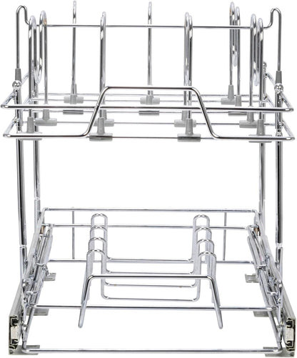 Household Essentials Glidez Multipurpose Chrome-Plated Steel Pull-Out/Slide-Out Storage Organizer for Cookware and Bakeware - 2-Tier Design - Fits Standard Size Cabinet or Shelf, Chrome