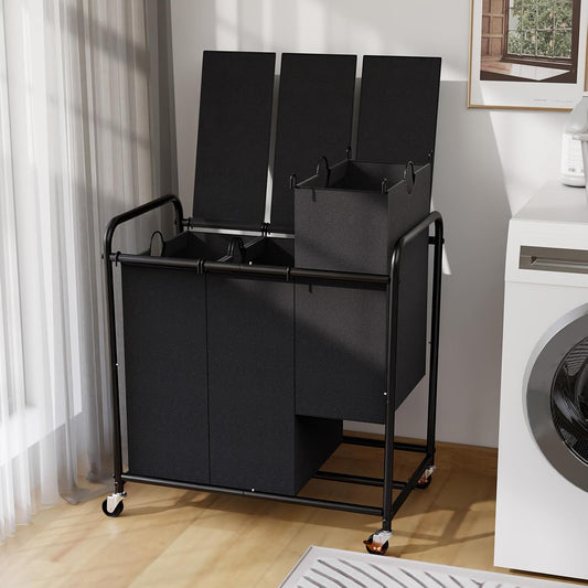 180L Laundry Sorter 3 Section with Lockable Wheels and Lid Multicolor | 3 Large Separate Removable Bags | Heavy Duty Rolling Laundry Basket | Laundry Hamper Cart for Laundry Room Organizer