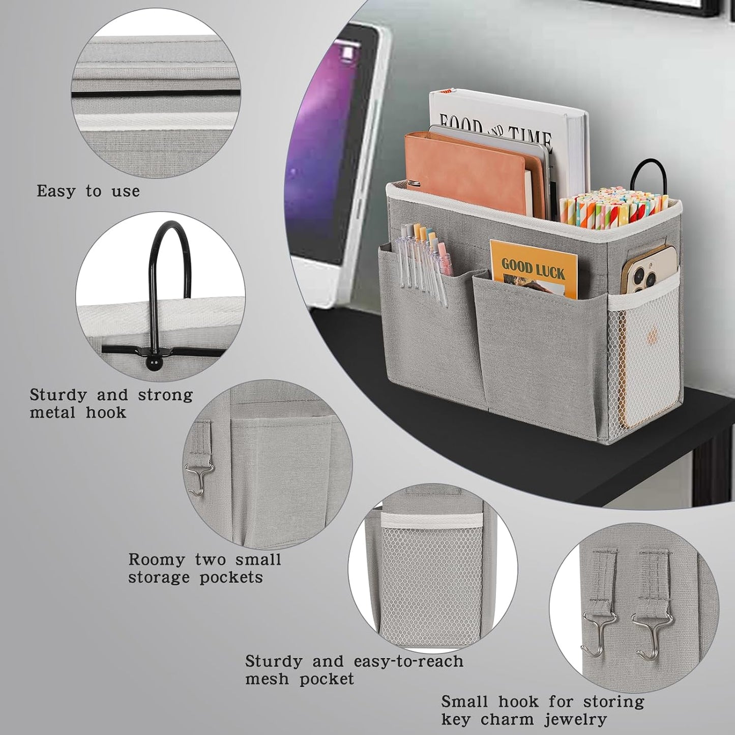 Bedside Caddy Bedside Hanging Storage Basket Bed Caddy for Headboards Bunk Dorm Rooms Crib Beds Rails Organizer (Grey)