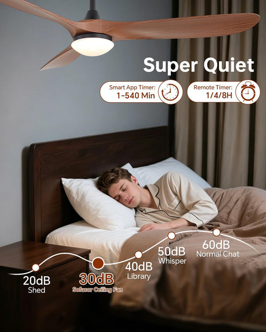 Sofucor 60 Inch Smart Wood Ceiling Fan No Light-Downrod Mount, Natural Wood | Alexa/App/Remote Control, Without Light, Quiet Reversible DC Motor, Timer, Indoor/Covered Outdoor/Bedroom/Living Room/Patio - Colors A