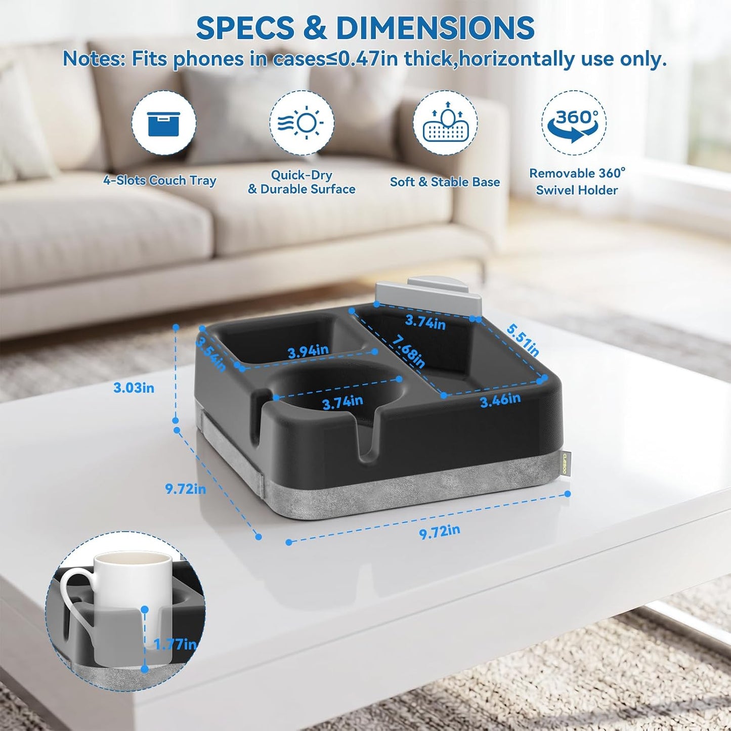 Couch Cup Holder Tray Couch Cup Holder Pillow Soft Sofa Caddy Drink Holder with 3 Compartments &Removable 360°Swivel Phone Stand, Portable Bed Snack Caddy Pillow with Handle for Tablet Controller Grey