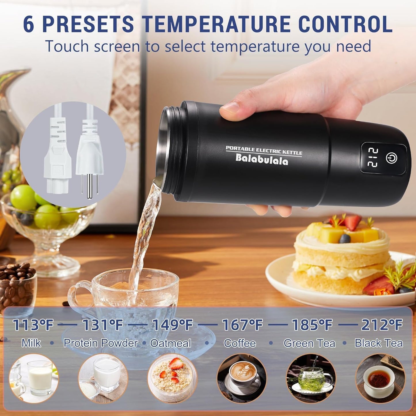 Travel Electric Kettle, Balabulala Portable Water Boiler with 6 Variable Presets,Small Electric Kettle With Silicone Base Cover to Prevent water, Boil Dry Protection,14oz