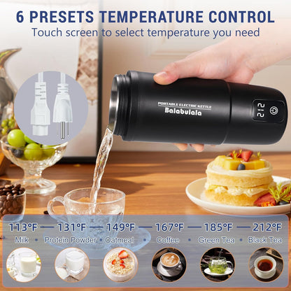 Travel Electric Kettle, Balabulala Portable Water Boiler with 6 Variable Presets,Small Electric Kettle With Silicone Base Cover to Prevent water, Boil Dry Protection,14oz