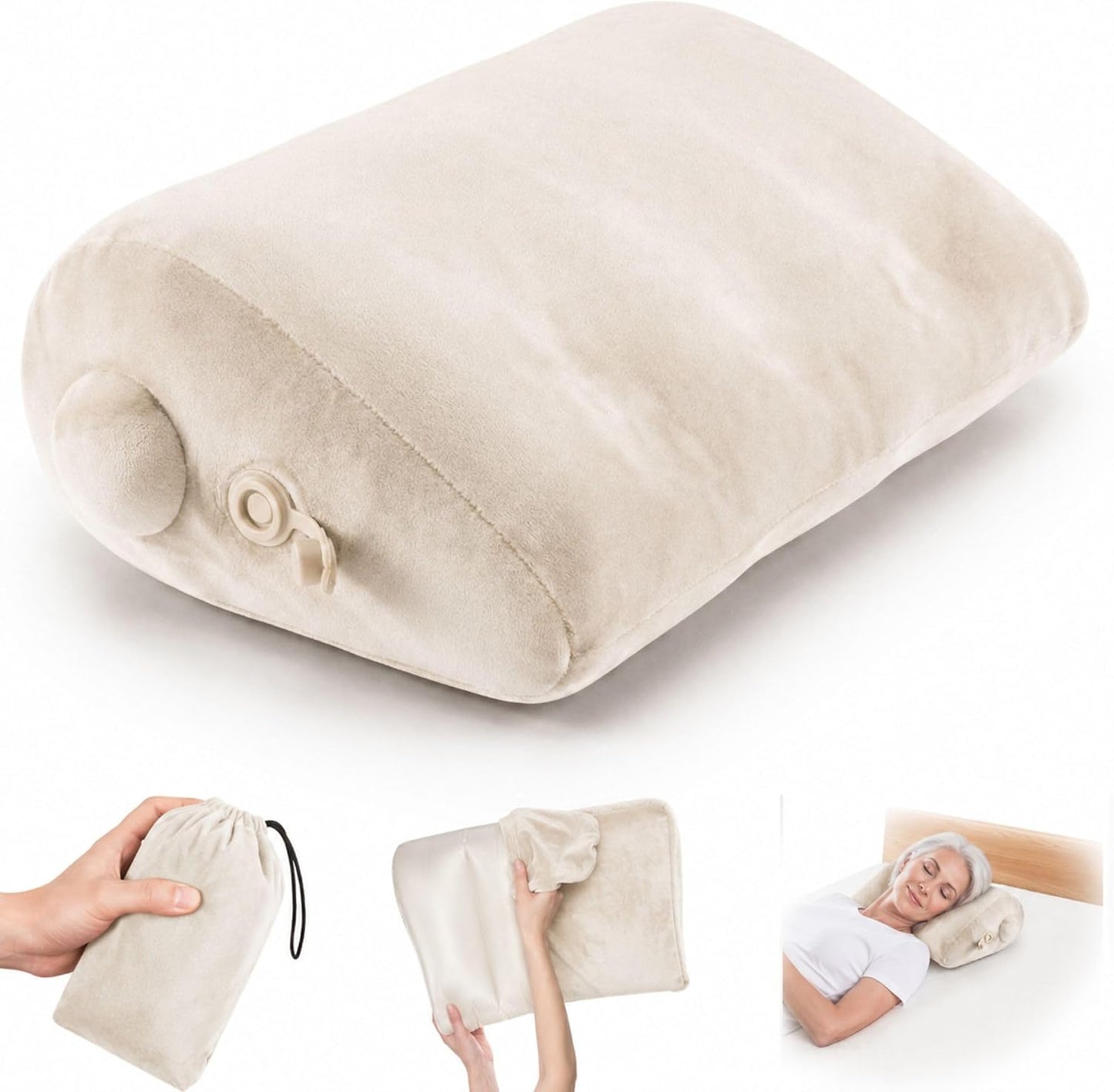 Maison Cozy® Inflatable Wedge Pillow for Travel and Sleeping - Adjustable Body Positioner for Back Support, Leg Elevation, Reading in Bed, Washable Velvet Cover, Travel Pouch (Sand Beige)