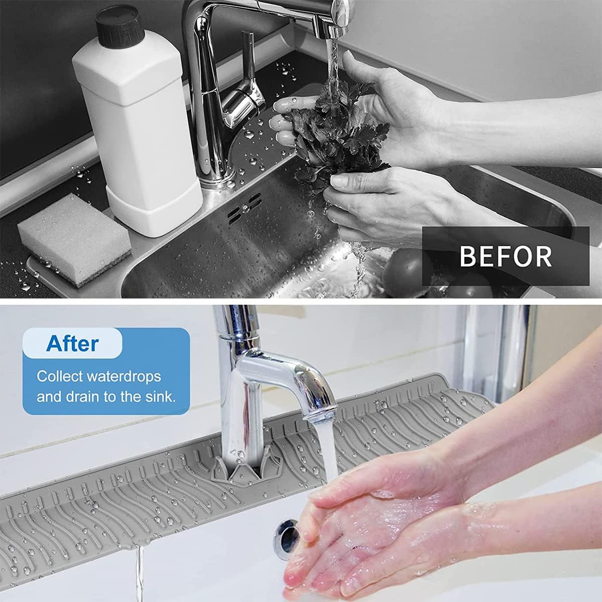 Kitchen Faucet Sink Splash Guard, 24" x 5.6'' Upgrade Silicone Faucet Water Catcher Mat, Sink Draining Pad Behind Faucet, Rubber Drying Mat for Countertop, Bathroom, Farmhouse, RV (Black)