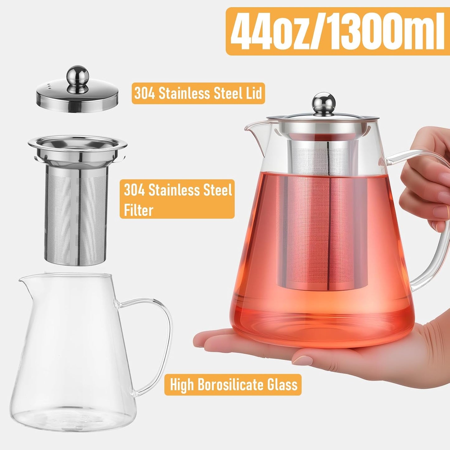 Baalaka Glass Teapot 18.6oz/550ml, Tea Pot with Removable Infusers for Loose Tea, Borosilicate Glass Tea Kettle Tea Maker Stovetop for Camping, Tea Infuser for Loose Leaf Tea Travel | Borosilicate glass tea kettle with infuser; steel strainer for loose