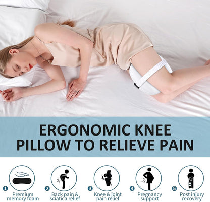 beslovo Side Sleeper Knee Pillow, Memory Foam Leg Pillow, Ergonomic Between Leg Pillow Eases Back Hip Pain, Spine Alignment Sciatica Relief, Knee Pillow with Ice Silk Cover and Elastic Strap (White)
