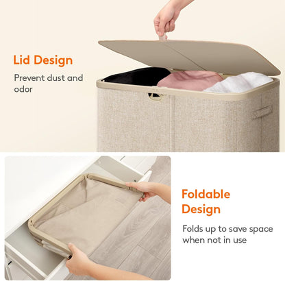 Lifewit 185L 3 Section Laundry Hamper with Lid, Laundry Basket, Beige | Large Foldable Laundry Sorter with 3 Removable Bags, Tall Clothes Hamper for Bedroom and Bathroom