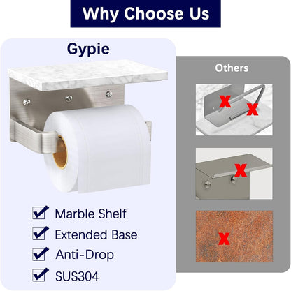 Gypie Toilet Paper Holder with Marble Shelf, Wall Mounted Matte Black | Toilet Roll Holder Black for Bathroom Washroom, Extended Base