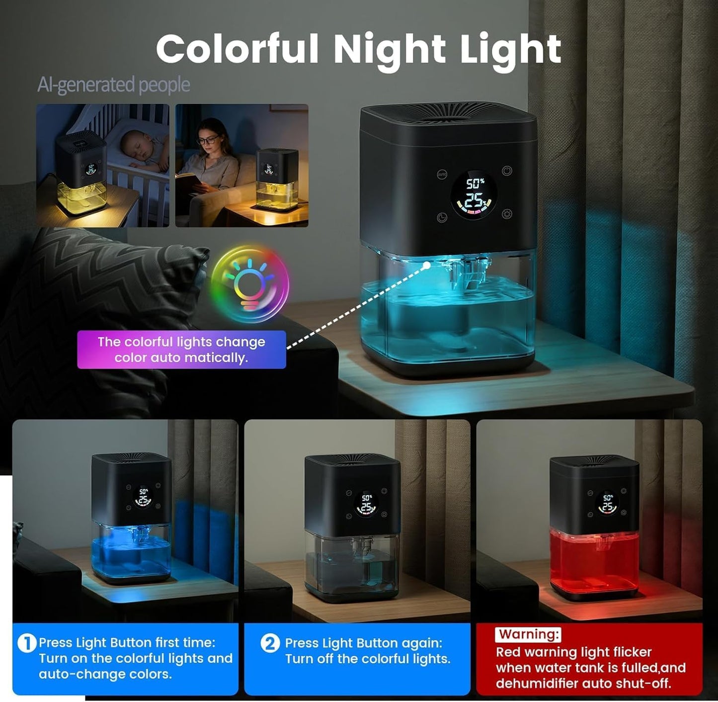Small Dehumidifier for Bedroom – 63oz 35dB Quiet Auto Dehumidify (60/70%) & Continuous Mode for Bathroom Closet RV, Auto Defrost & Auto Shut-Off, 7-Color Flowing Night Light & Timer, Portable – White