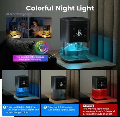 Small Dehumidifier for Bedroom – 63oz 35dB Quiet Auto Dehumidify (60/70%) & Continuous Mode for Bathroom Closet RV, Auto Defrost & Auto Shut-Off, 7-Color Flowing Night Light & Timer, Portable – White