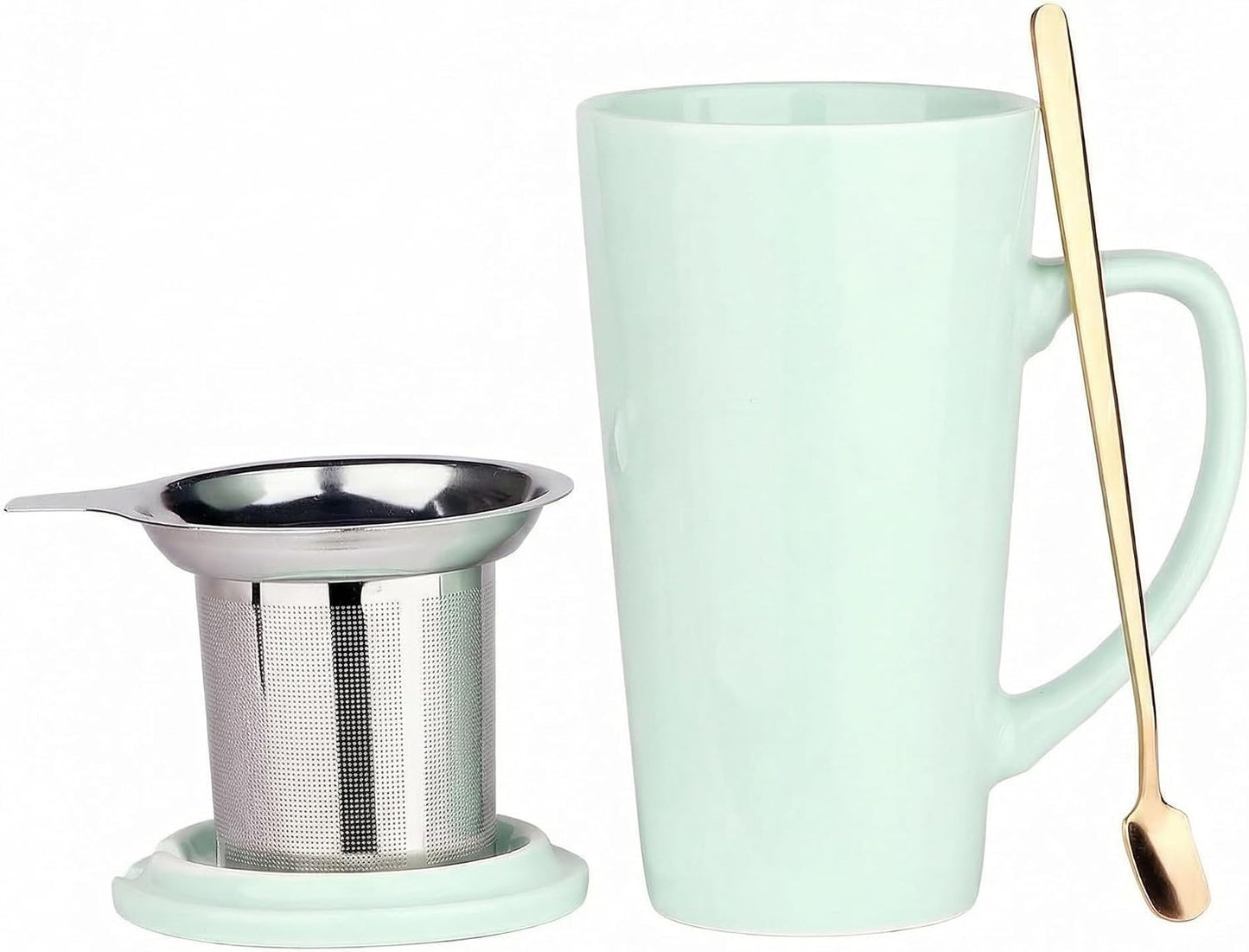 15 Ounce Porcelain Tea Mug with Infuser, Lid and Spoon, Loose Leaf Tea Cup (Mint Green)