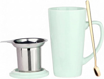 15 Ounce Porcelain Tea Mug with Infuser, Lid and Spoon, Loose Leaf Tea Cup (Mint Green)