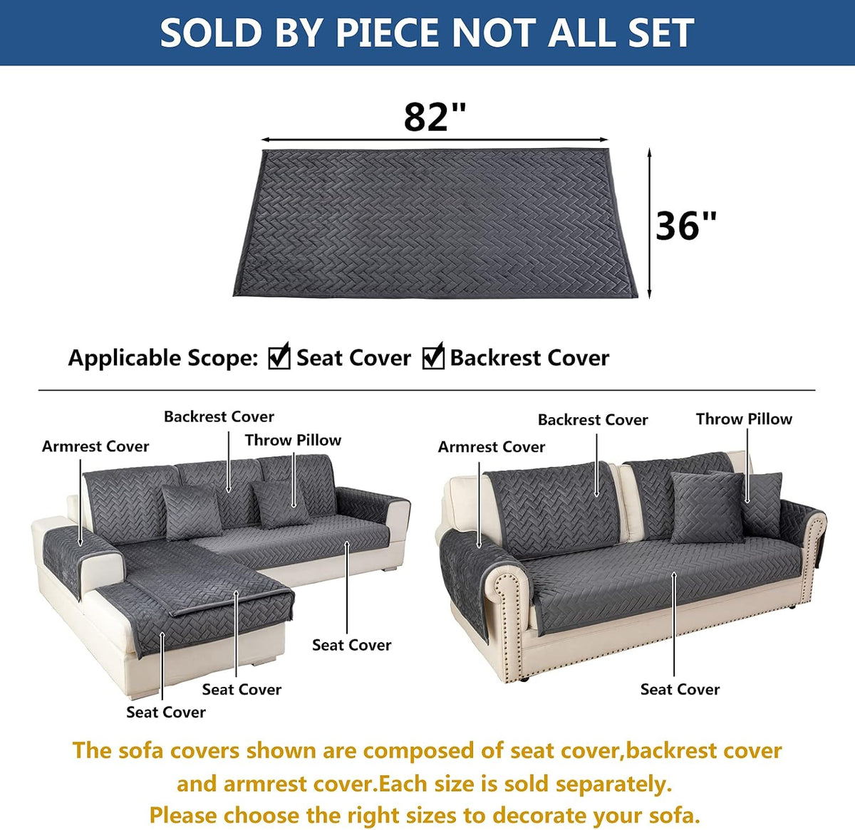 Eismodra Armrest Couch /Sofa /Backrest Covers,Anti-Slip Armchair Slipcovers for Dogs Cats Pet Loveseat Recliner Leather L Shaped,Dark Gray 28 x 28 Inches (Only 1 Piece)