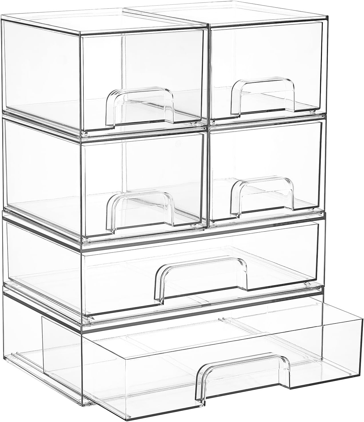 Vtopmart Clear Stackable Storage Drawers Set of 6, Plastic Organizer Bins | Multi-purpose Boxes for Bathroom Accessories Storage, Ideal for Cabinet, Shelf, Pantry, Laundry Room Organization