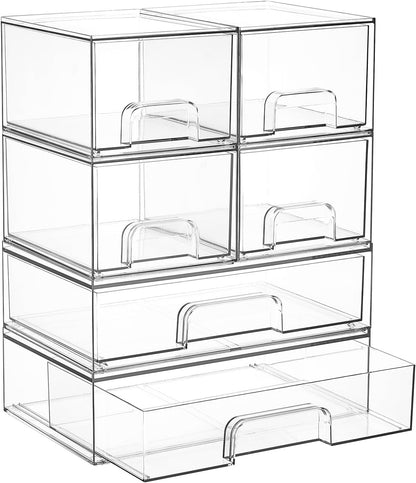 Vtopmart Clear Stackable Storage Drawers Set of 6, Plastic Organizer Bins | Multi-purpose Boxes for Bathroom Accessories Storage, Ideal for Cabinet, Shelf, Pantry, Laundry Room Organization