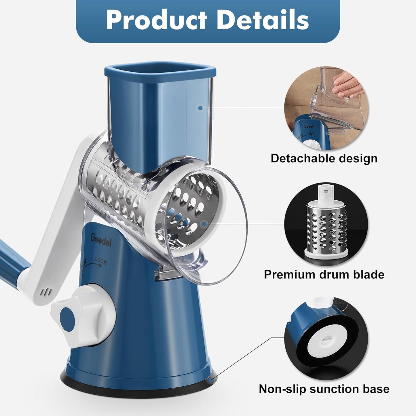 Geedel Rotary Cheese Grater, Kitchen Mandoline Vegetable Slicer with 3 Interchangeable Blades, Easy to Clean Rotary Grater Slicer for Fruit, Vegetables, Nuts | 3 Blades, 430 Stainless Steel, 12x Fast Cutting, Strong Suction Base, No BPA, Dishwasher Safe,