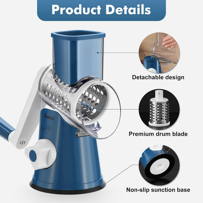 Geedel Rotary Cheese Grater, Kitchen Mandoline Vegetable Slicer with 3 Interchangeable Blades, Easy to Clean Rotary Grater Slicer for Fruit, Vegetables, Nuts | 3 Blades, 430 Stainless Steel, 12x Fast Cutting, Strong Suction Base, No BPA, Dishwasher Safe,