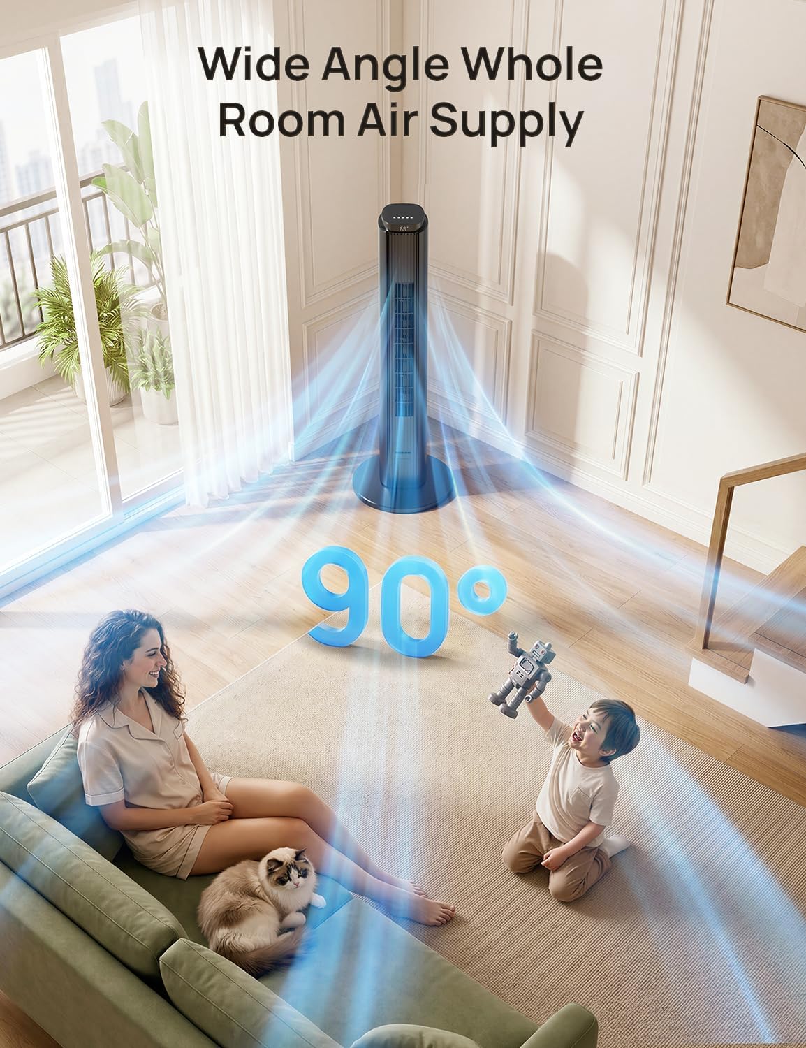 ZAFRO Tower Fan for Bedroom, 37'' Bladeless Fans with 4 Modes 6 Speeds, 26 ft/s Velocity, 28dB Quiet for Sleep, LED Touchpad & 12H Timer, 90° Oscillating Floor Fans that Blow Air, Black