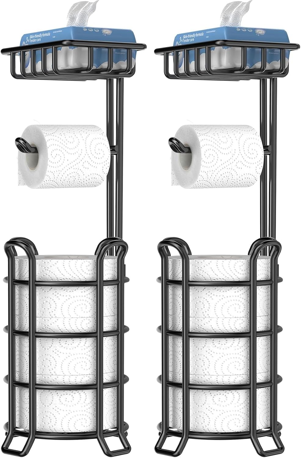 TomCare Toilet Paper Holder Free Standing with Shelf, Stable 4 Raised Feet | Stores 4 Mega Rolls, Tool-Free Assembly, Powder-Coated Metal Frame, Bathroom Storage Organizer for Spare Rolls, Silver