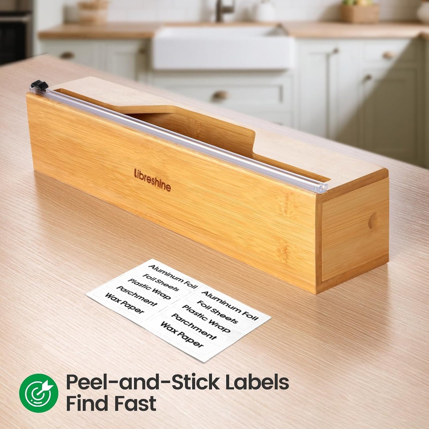18-Inch Foil Dispenser with Slide Cutter & Butcher Paper Holder | Compact bamboo organizer for countertop, drawer, cabinet or wall mounting, made for many common 18-inch foil and paper rolls