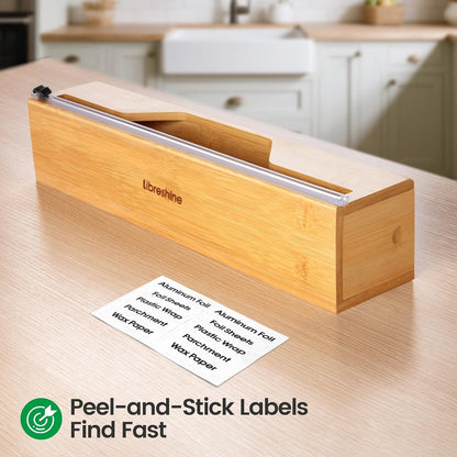 18-Inch Foil Dispenser with Slide Cutter & Butcher Paper Holder | Compact bamboo organizer for countertop, drawer, cabinet or wall mounting, made for many common 18-inch foil and paper rolls