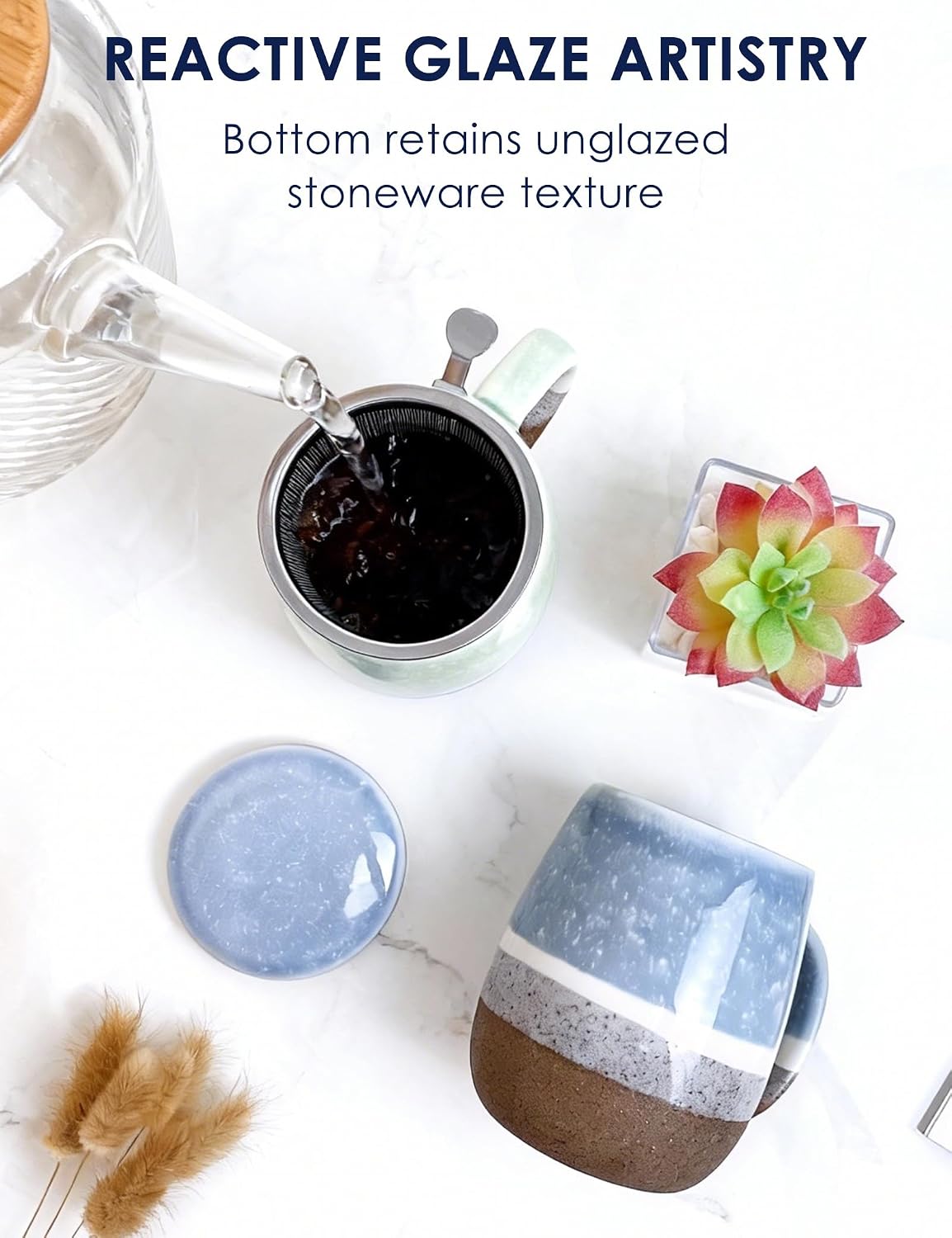 SISETOP 13.5 OZ Large Tea Cup with Infuser and Lid, Reactive Glaze Tea Infuser Mug, Ceramic Loose Leaf Teacup for Brewing, Microwave & Dishwasher Safe, Pale Blue